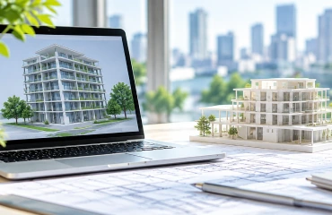 建築模型と設計図、パソコンに表示された建物